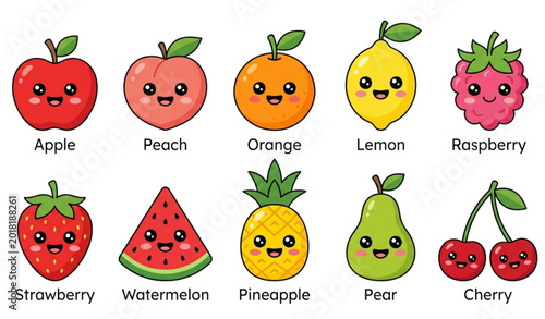 Cute cartoon fruit character vector set with funny emoji apple strawberry watermelon and lemon illustrations