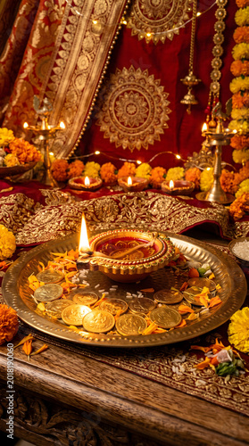 Festive diya arrangement with coins and marigold garlands