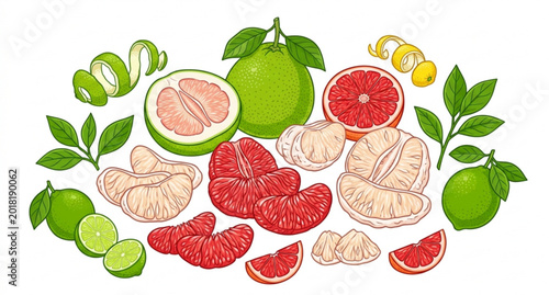 Canvastavla Peeled pomelo and red grapefruit citrus fruit vector illustration isolated on wh