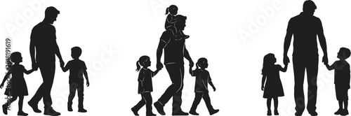 Silhouettes of parents and children walking together in various poses isolated on white background