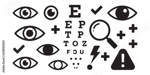 Bild auf Leinwand Eye exam vector set with Snellen chart magnifier glasses and medical diagnostic symbols for optometry
