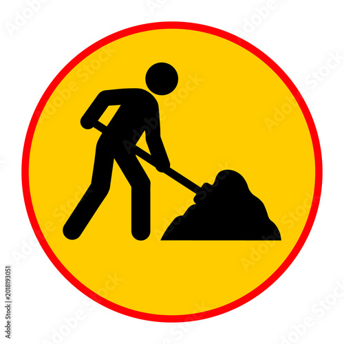 Round construction warning sign, road mpngntenance traffic symbol, worker reppngr icon vector graphic