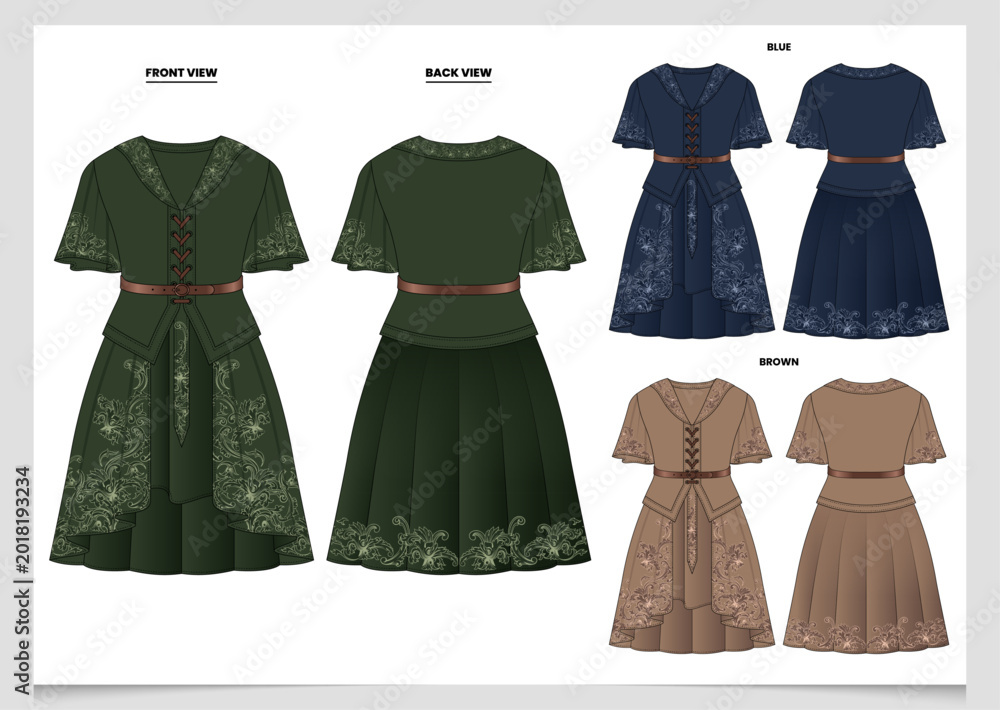 Obraz premium Elegant Fantasy Dress Technical Fashion Flat Sketch Vector Set Front and Back Views Floral Ornamental Dress Design Template in Green Blue and Brown Colors for Women Apparel Illustration