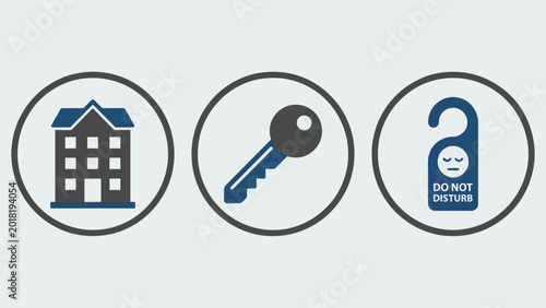 Obraz na plátně Professional hotel industry icons including a lodging facades, physical key, and do not disturb sign