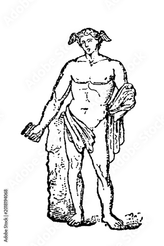 Cuadro en lienzo Perseus with winged headpiece, holding objects and draped in cloth, classical mythological figure, old vintage illustration, 1897