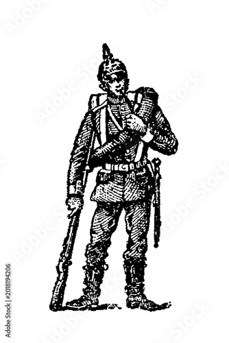 Tableau sur toile Prussian infantry soldier in uniform with pickelhaube spiked helmet, holding a rifle, old vintage illustration, 1897