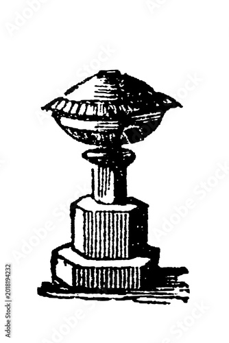 Schilderij op canvas Fonts baptismaux, ornate stone baptismal font with carved basin and fluted pedestal, old vintage illustration, 1897