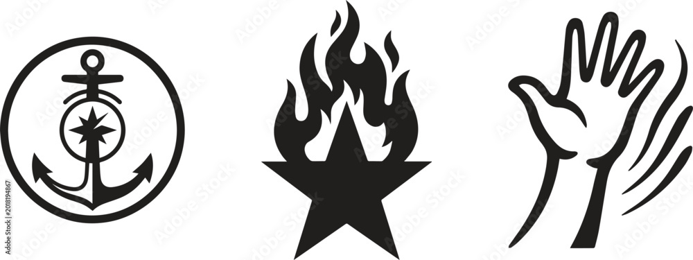 Fototapeta premium Black nautical, fire, and hand icons, vector graphics, symbol set