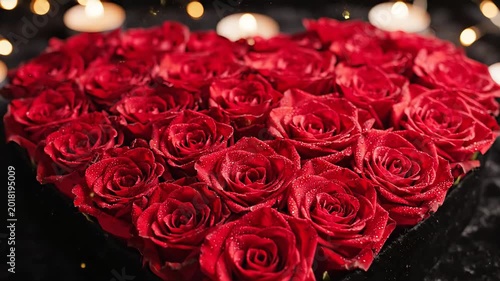 Heart-shaped arrangement of red roses with water droplets, surrounded by soft, glowing lights