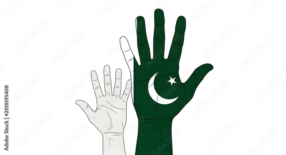 Fototapeta premium Two hands raised with pakistan flag design isolated on white background