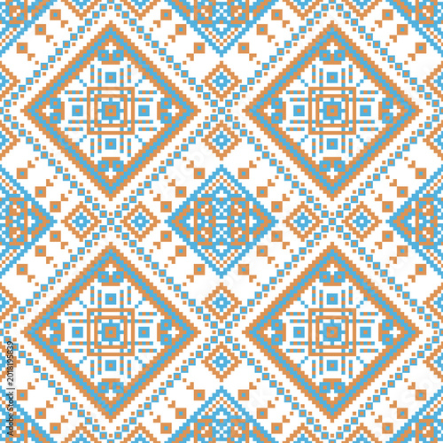 Geometric Pixel Art Folk Pattern with Tribal Diamond Motifs