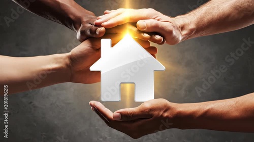 Diverse hands join to support a glowing white house symbol, representing unity and home
