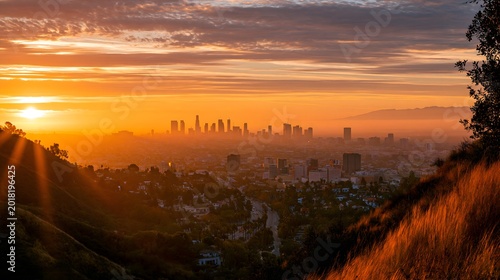 Southern California Dream: Breathtaking Golden Hour Overlook of Los Angeles, Featuring Elegant Rolling Hillsides, Palm-Lined Boulevards, Luxury Estates, and the Downtown Skyline Glowing in the Distanc