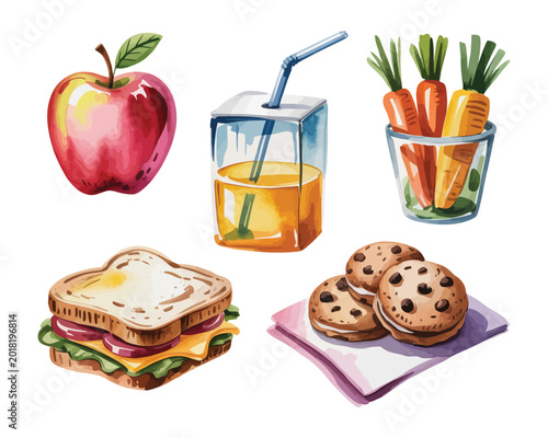 Hand-Painted School Lunch Box Illustration Set, Kids Meal Food Watercolor Clipart Bundle