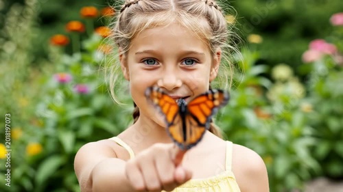 Close-up of a smiling young girl holding a monarch butterfly on her finger. Happy child interacting with wildlife in a blooming summer garden