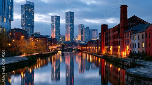 Industrial Heritage Meets Modernity: Breathtaking Golden Hour View of the Manchester City Skyline along the Canal Waterfront, Featuring Sleek Glass Skyscrapers and Historic Red-Brick Architecture