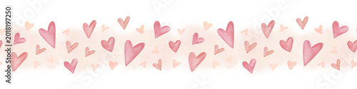 Bild auf Leinwand Watercolor simple seamless border with cute scattered hearts on soft pastel background isolated on white