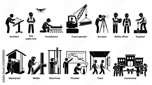 Construction Industry Professional Roles Icons �?? Architect, Site Supervisor, Engineer, Electrician, Plumber, Teamwork Flat Vector Illustration Set