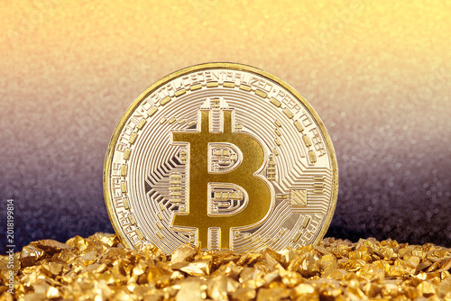 Bitcoin cryptocurrency on golden sand, closeup. Digital gold investment concept for blockchain technology, crypto trading, and financial innovation. Perfect for fintech and crypto market content.