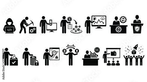 Cryptocurrency and Blockchain Technology Icon Set �?? Bitcoin Mining, Trading, Hacking, Wallet, Smart Contract, DeFi, Market Analysis, Security Symbols
