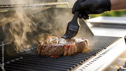 Chef bastes juicy ribeye steak on a hot grill with flavorful cooking sauce during outdoor barbecue