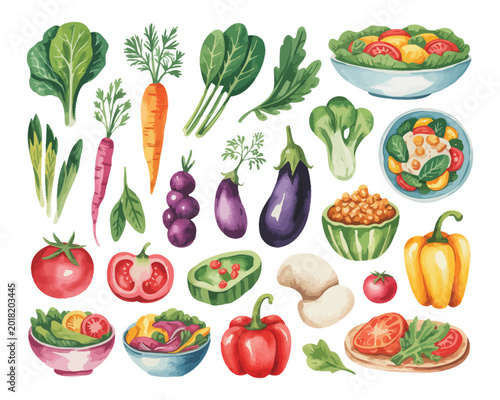 Watercolor Healthy Organic Meal Clipart Bundle, Vegan Food Set, Isolated Vector Elements