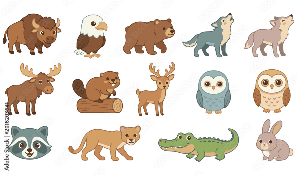 Obraz premium Cute Woodland Forest Animal Vector Set of 14 — Cartoon Buffalo, Eagle, Bear, Wolf, Moose, Beaver, Deer, Owl, Raccoon, Puma, Crocodile and Rabbit, Isolated on White for Kids, Nursery, Baby Shower, Stic