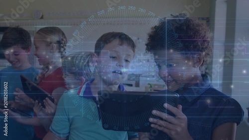 Students sharing tablet in classroom, tapping screen and activating HUD overlay for group learning
