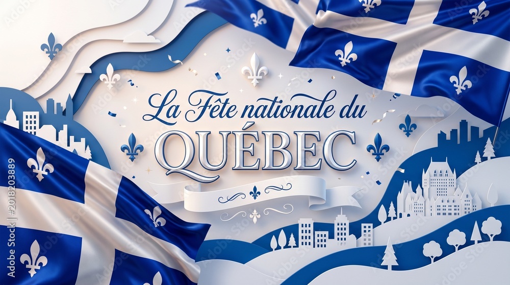 Naklejka premium Quebec National Day La Fête nationale du Québec celebration background with blue flowers and flags