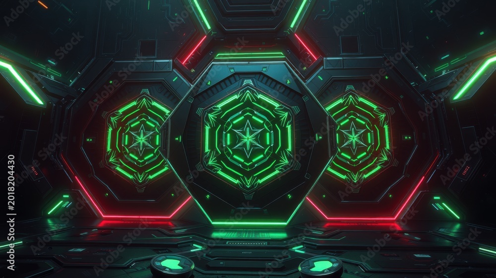 Fototapeta premium Futuristic interior. Dark metallic walls feature glowing green, red hexagonal patterns. Complex geometric design creates immersive tunnel effect.