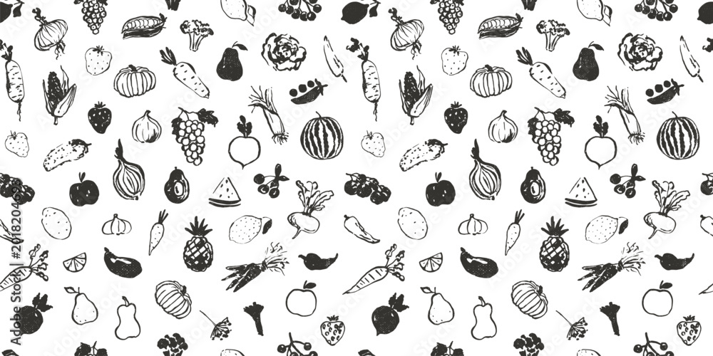 Fototapeta premium Seamless pattern with fruits and vegetables. Set of hand drawn food icons. Simple eco design. Vector menu, recipe, logo. Endless, repeat wallpaper, background. 