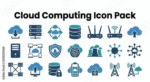 A comprehensive set of flat vector illustrations depicting various cloud computing icons including servers, network security, data storage, connectivity, and modern digital infrastructure technology s