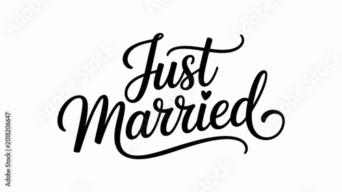 Just married cursive script text design in elegant black ink style