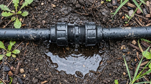 Leaking black plastic irrigation pipe with water dripping onto soil in a garden