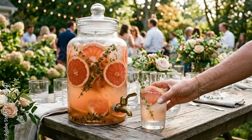 Refreshing Grapefruit and Thyme Cocktail in a Glass Dispenser at an Elegant Outdoor Garden Party