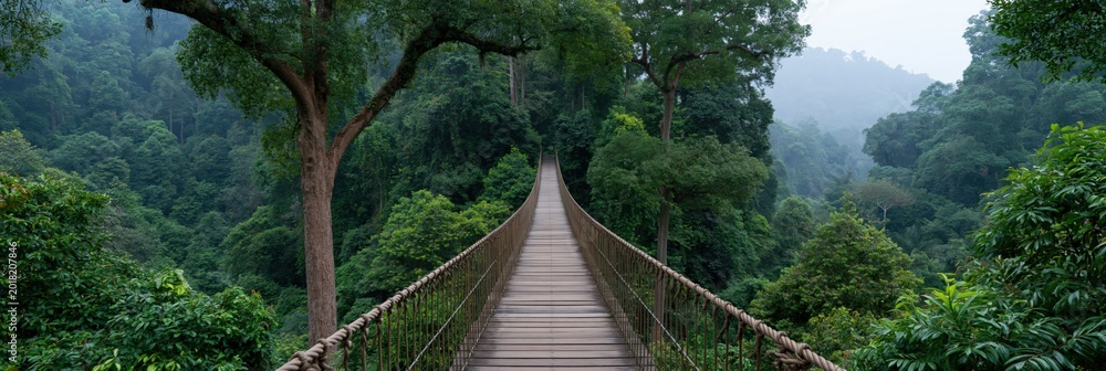 Fototapeta premium Suspension bridge through lush rainforest canopy for nature background and tranquil wallpaper design with misty walkway perspective