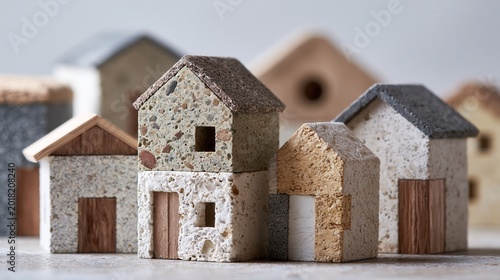 Miniature house models made of textured stone and wood pieces clustered together.