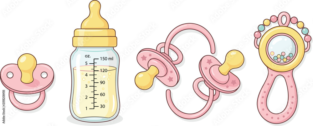 Φωτογραφία Baby Girl Pink Feeding Bottle Pacifier and Rattle Toy Set for Newborn, Nursery,