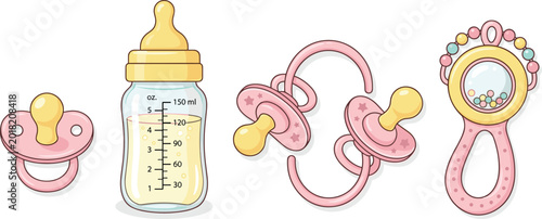 Fotografia Baby Girl Pink Feeding Bottle Pacifier and Rattle Toy Set for Newborn, Nursery,