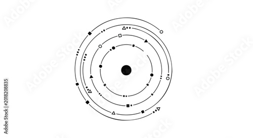 Abstract celestial system with orbiting planets and celestial bodies on a white background