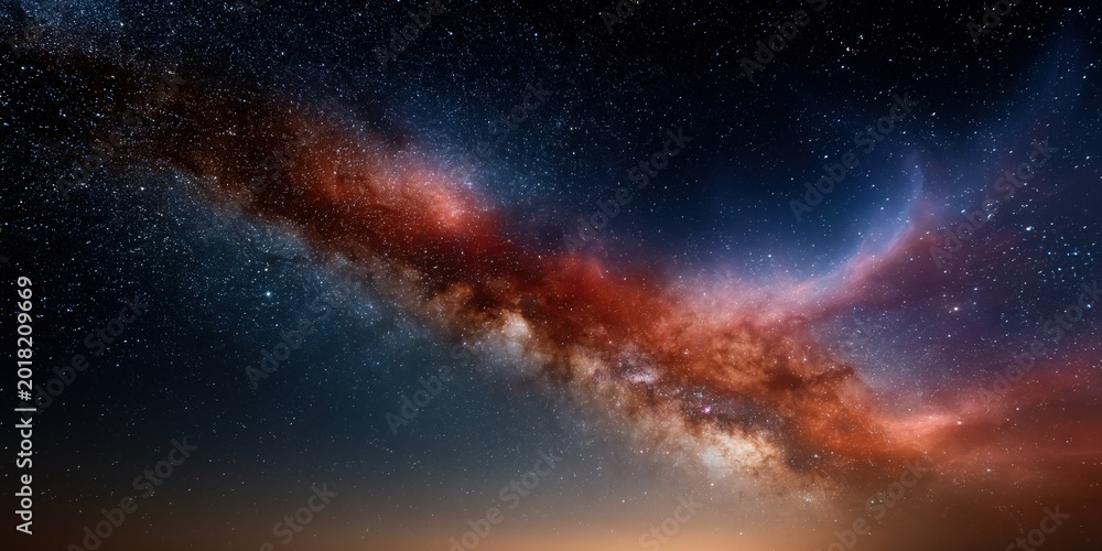Obraz premium Dense milky way band with red and blue nebula for dramatic cosmic background and space poster design