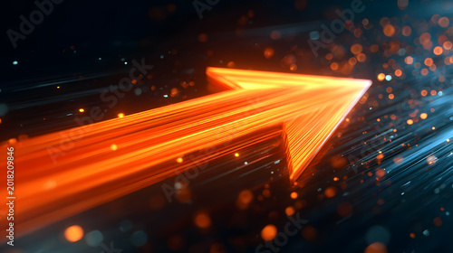 In motion, an orange arrow signifies business transformation and growth, speed, innovation, and strategic direction. The primary object is the arrow, which embodies the main concept, forward motion, a