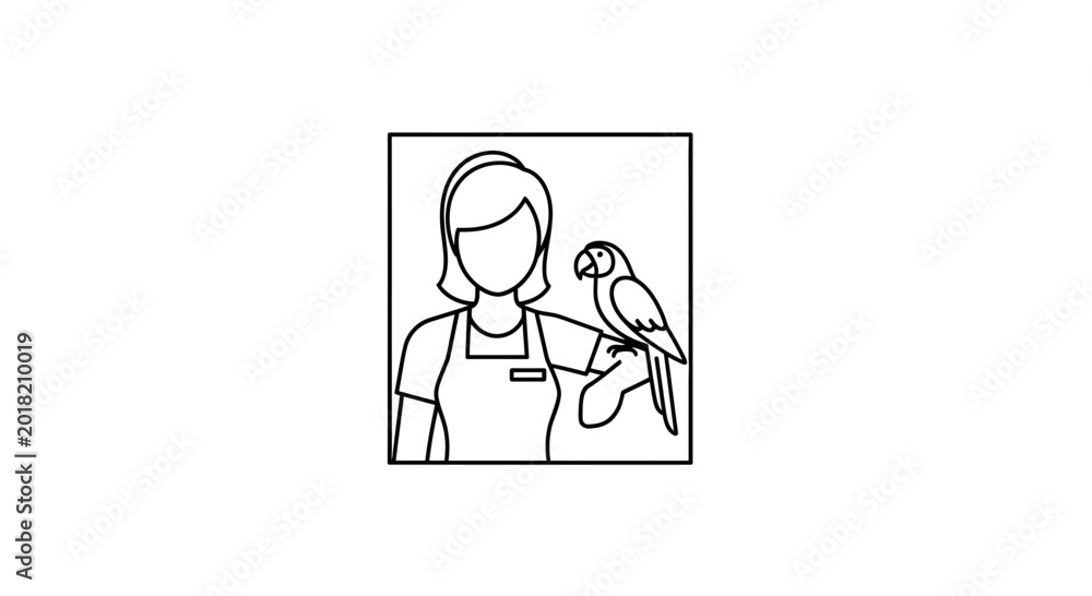 Fototapeta premium Pet Sitter Holding Parrot on Arm, Line Art Icon, Animal Care Concept