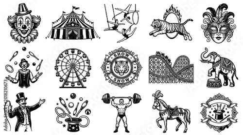 Vintage Circus Elements and Characters Collection in Black  White Line Art Style