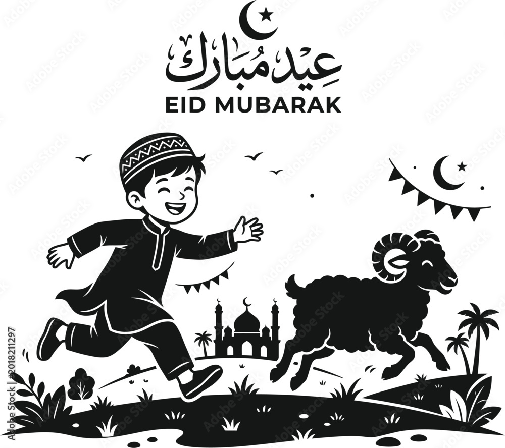 Fototapeta premium Happy Muslim boy running with sheep Eid Mubarak Islamic festival vector illustration