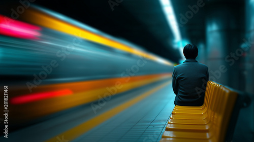 Loneliness Epidemic in Modern Cities - Single Person Sitting Alone on Crowded Subway Platform as Blurred Commuters Pass By Without Interaction

