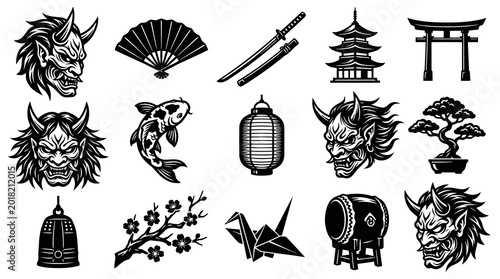 Japanese Cultural Icons Set Black and White Line Art Vector