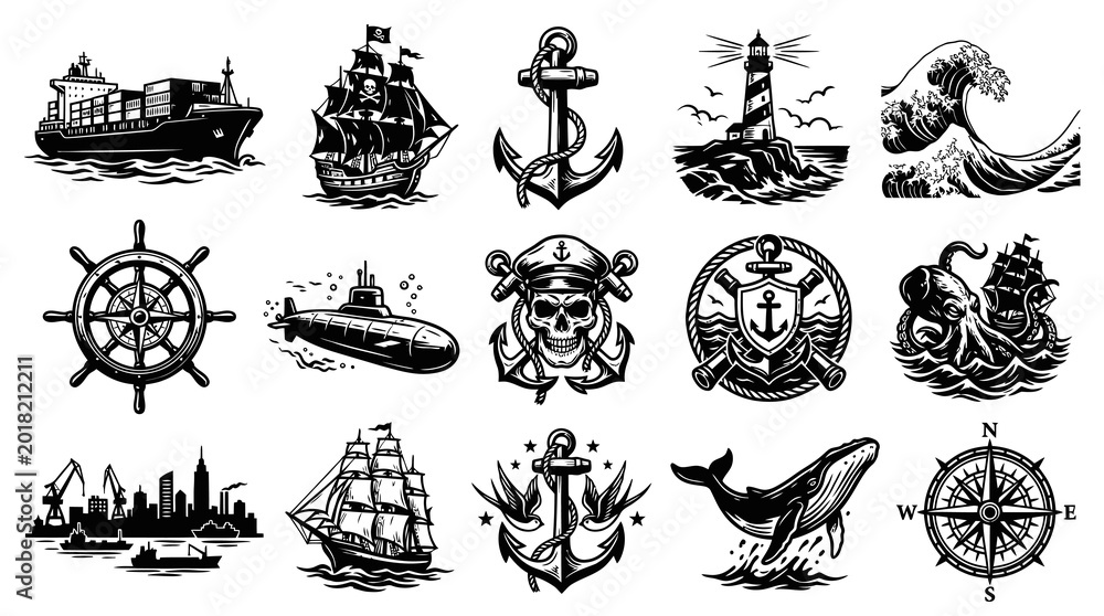 Obraz premium Maritime Nautical Symbols Set. Vintage Black and White Engraving Line Art Marine Elements Collection.