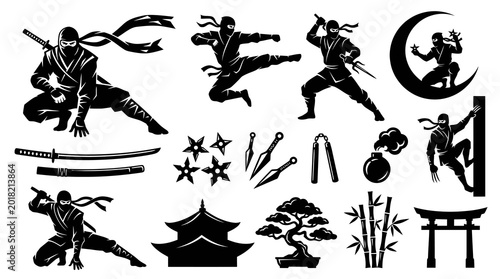Japanese Ninja Martial Arts Icons  Silhouettes with Traditional Weapons, Pagoda, Bonsai, and Bamboo Glyphs