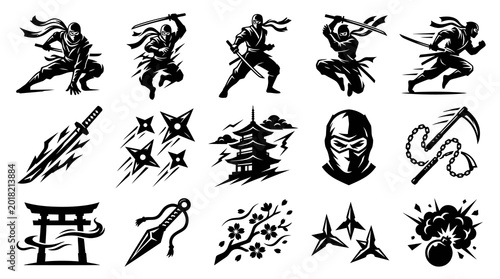 Japanese Ninja Warrior Icons Set with Weapons and Pagoda Torii Cherry Blossom Black Silhouette Glyphs